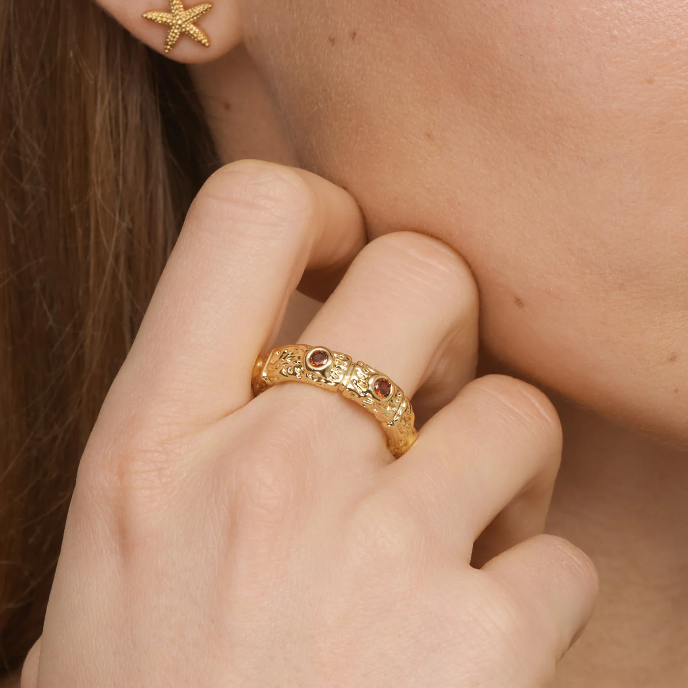 Camille - Chunky Red Crystal Ring - Gold