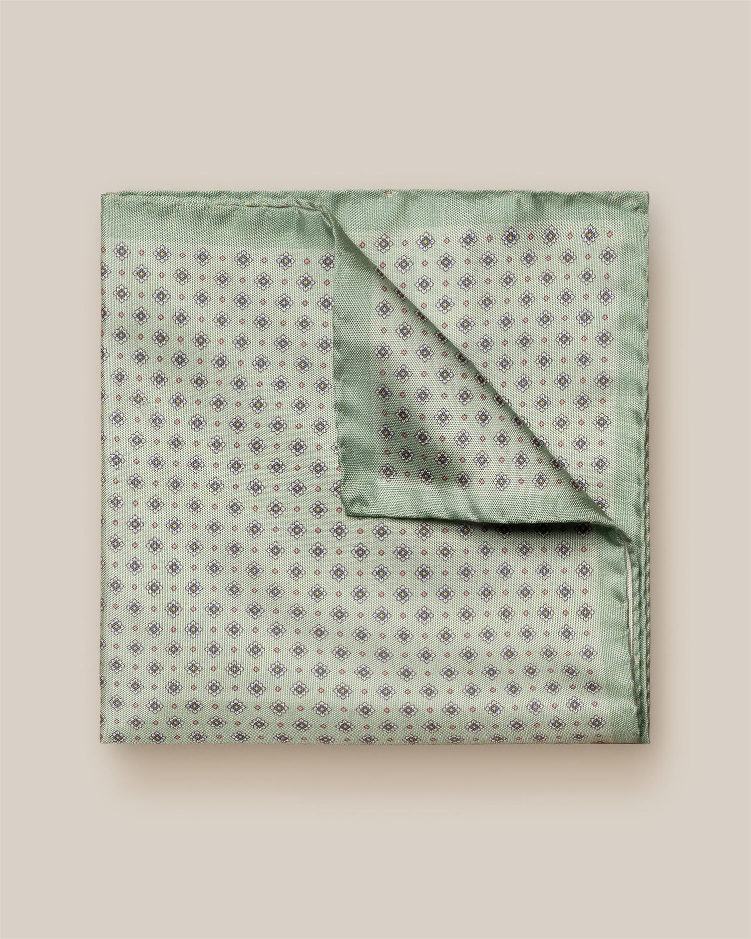 Mid Green Floral Tussah Silk Pocket Square