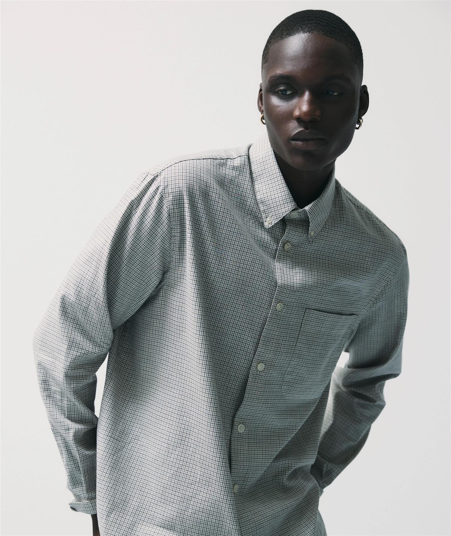 Relaxed LS Button Down Shirt - Bone/Grey Check